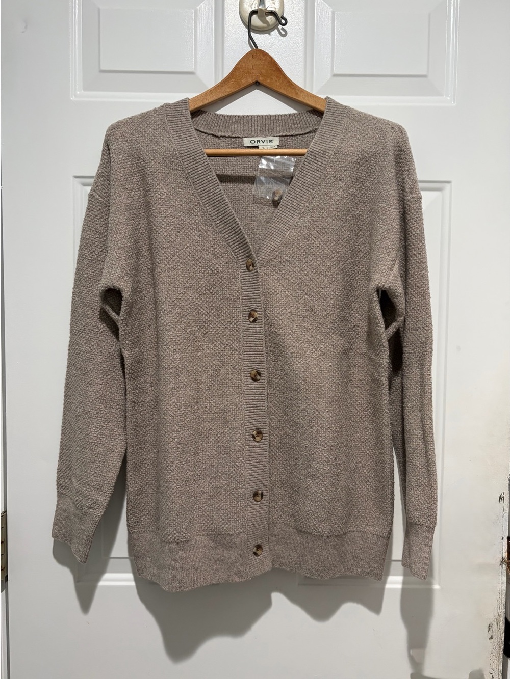 Orvis super soft Women's Oatmeal Taupe, 6 Button textured V-Neck Cardigan, Small